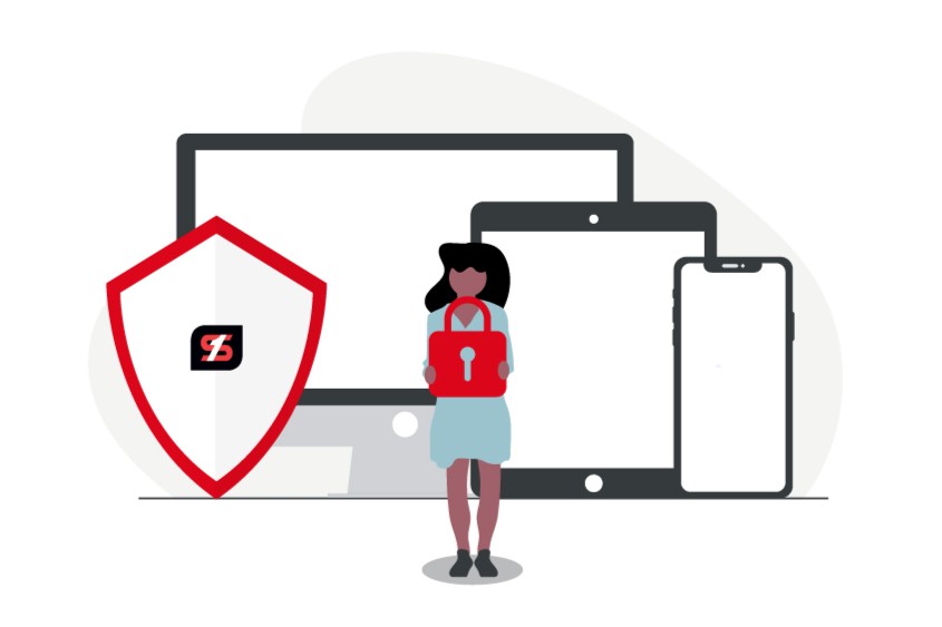 illustration of a computer, tablet and smartphone with a shield and padlock