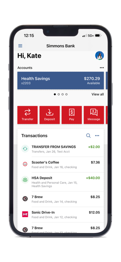 A mobile phone displaying the Simmons Bank Mobile Banking app